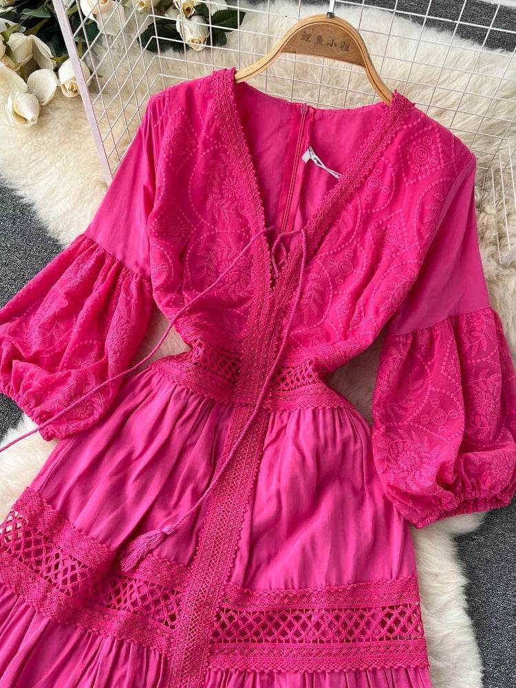 New Women Lantern Sleeved Elegant Dress Summer French Hollowed Out Mid Length Dresses Korean Style Vintage Long Dress - AIAZ