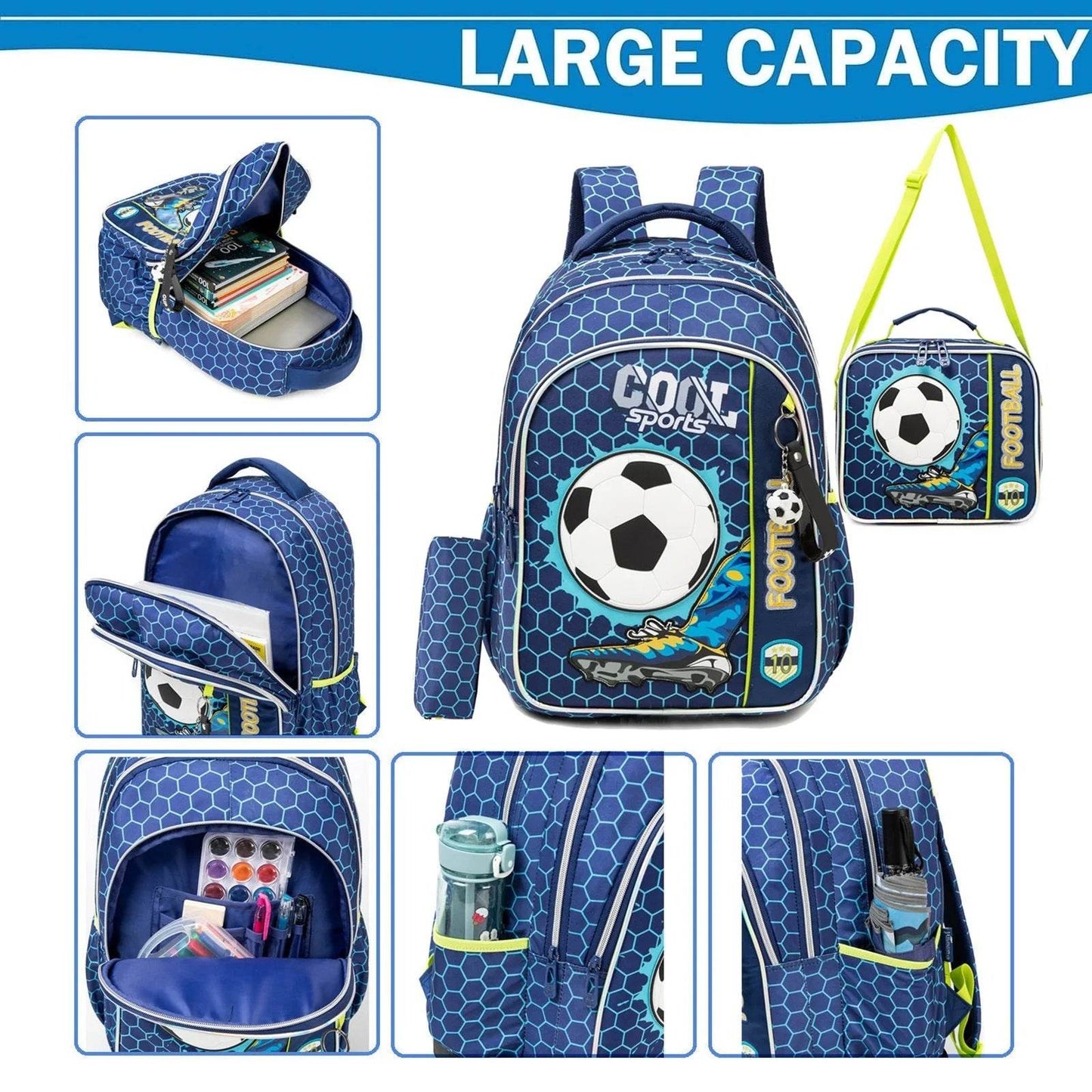 3PCS Boys School Backpack Set with Lunch Bag and Pen Case Durable Elementary Kids Bookbag Lightweight Mochila Back to School Bag - AIAZ