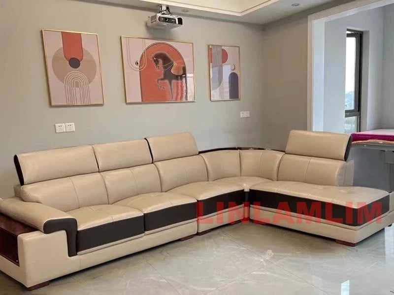 MINGDIBAO Modern Minimalist Genuine Leather Sectional Sofa with Console, Storage and Speaker Italian Leather Living Room Couch