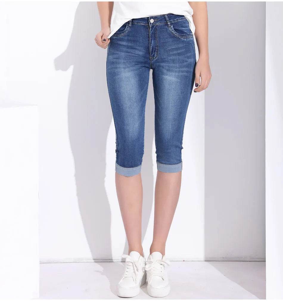 Woman's Jeans Black Denim Pants Ladies Cropped Trousers Skinny Knee Length Jeans Women Elastic High Waist Mom Jeans Oversize - AIAZ