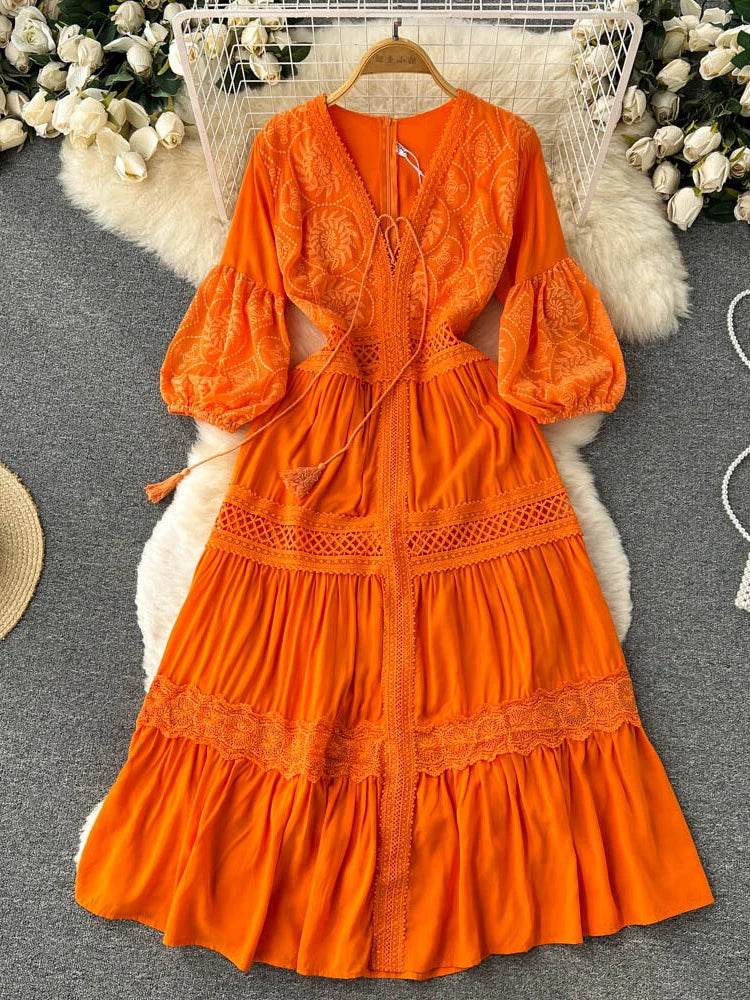 New Women Lantern Sleeved Elegant Dress Summer French Hollowed Out Mid Length Dresses Korean Style Vintage Long Dress - AIAZ
