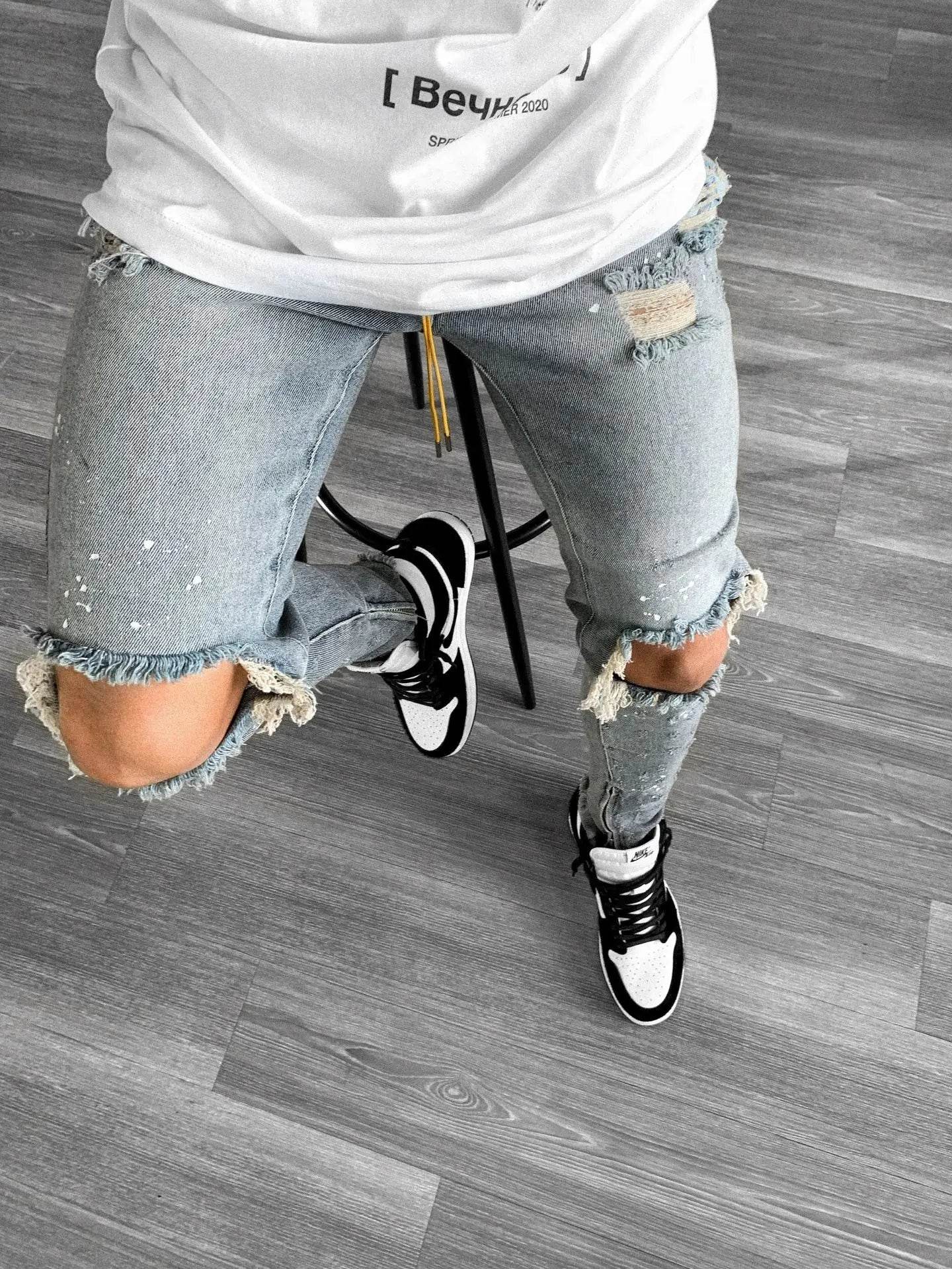 Men Long Jeans Pants Denim Pencil Pant Hole Splice Simple Slim Fit Zipper Lace Up Tight Waist Straight Trousers Autumn - AIAZ