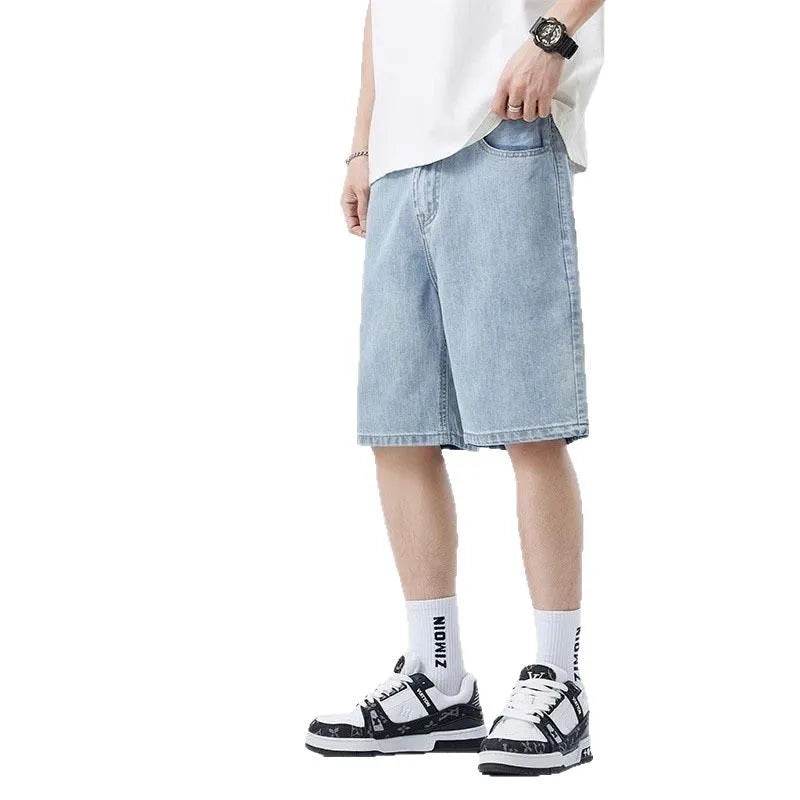 2025 Men's minimalist denim shorts with high-end washing technology from Europe and America, versatile basic five quarter pants - AIAZ