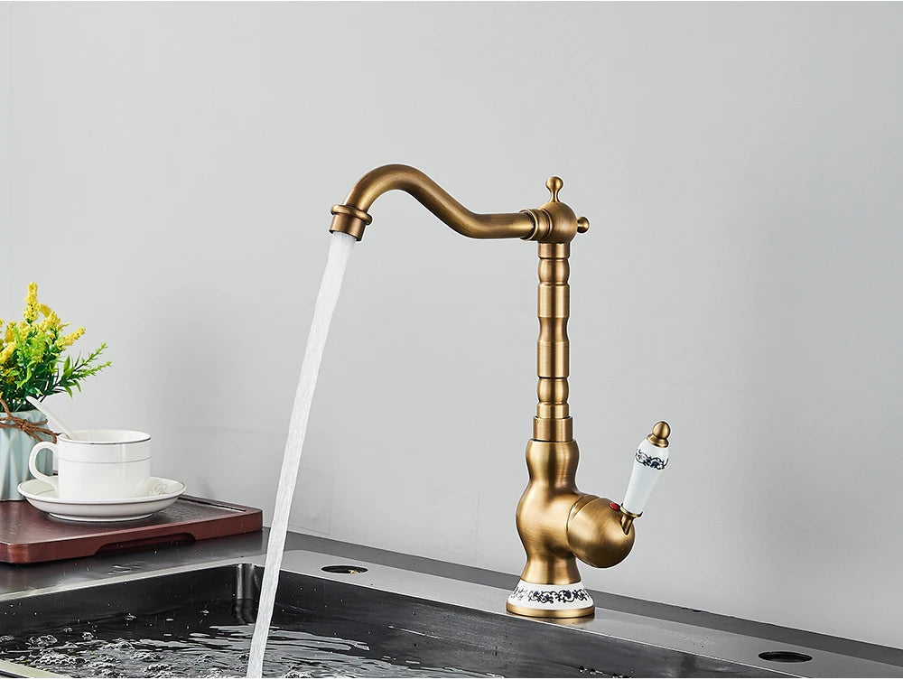Antique Brass Bathroom Faucet Rotating Spout Basin Sink Mixer Tap Bathroom Kitchen Washing Faucet Washbasin Taps Kitchen Mixers