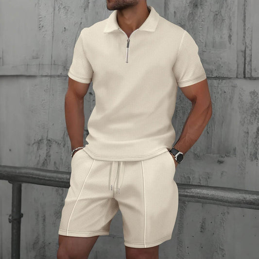 2025 Men Europe and the United States new summer Waffle solid color zip-up lapel short-sleeve suit shorts two sets - AIAZ