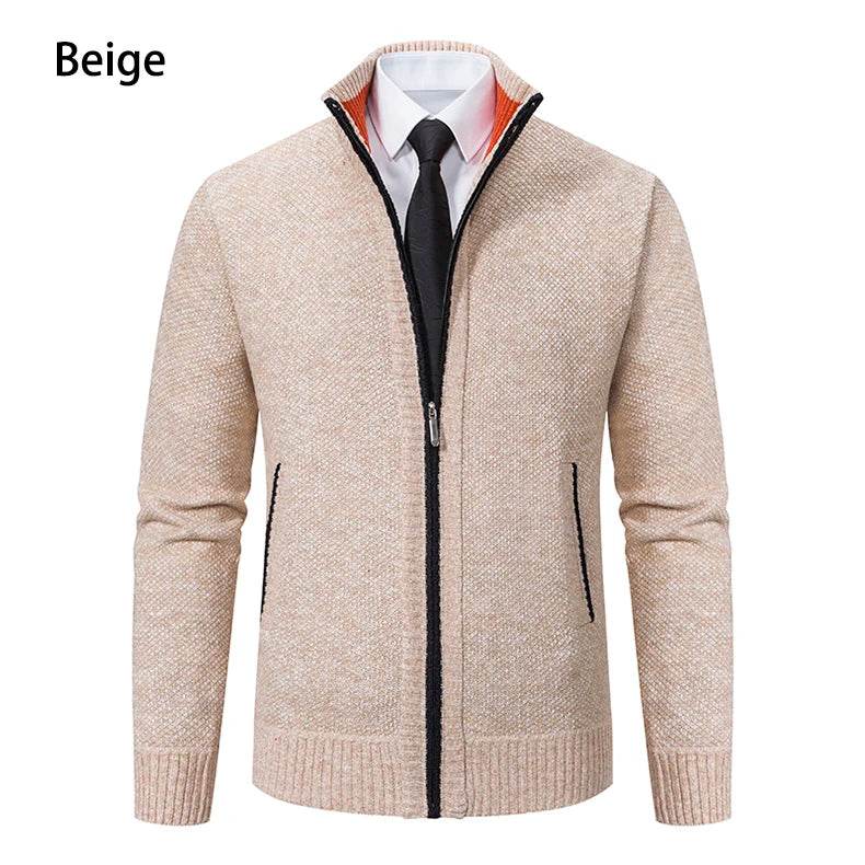 Autumn And Winter New Jersey Men's Casual Sports Coat Solid Color Stand Collar Wweater Grab Fleece Warm Zipper Cardigan - AIAZ