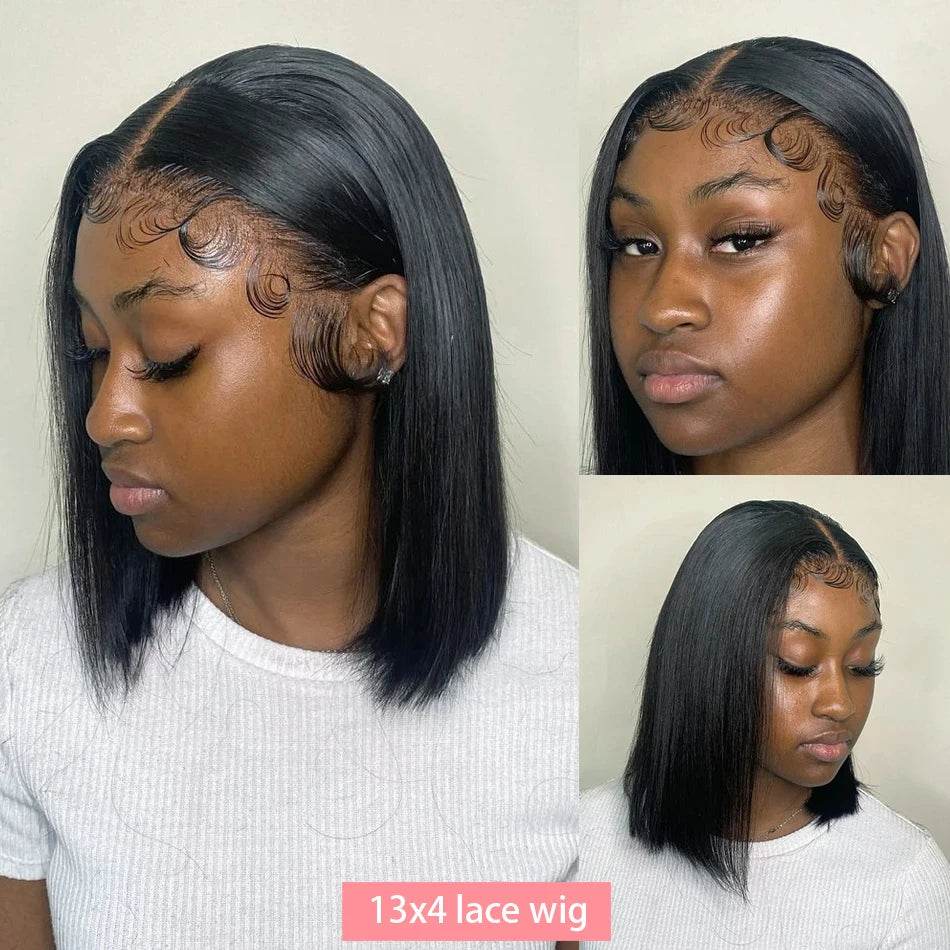 13x4 Straight Lace Frontal Bob Wig Human Hair Transparent 100% Human Hair 4x4 Lace Closure For Women Brazilian Wig 12 14 16 Inch - AIAZ