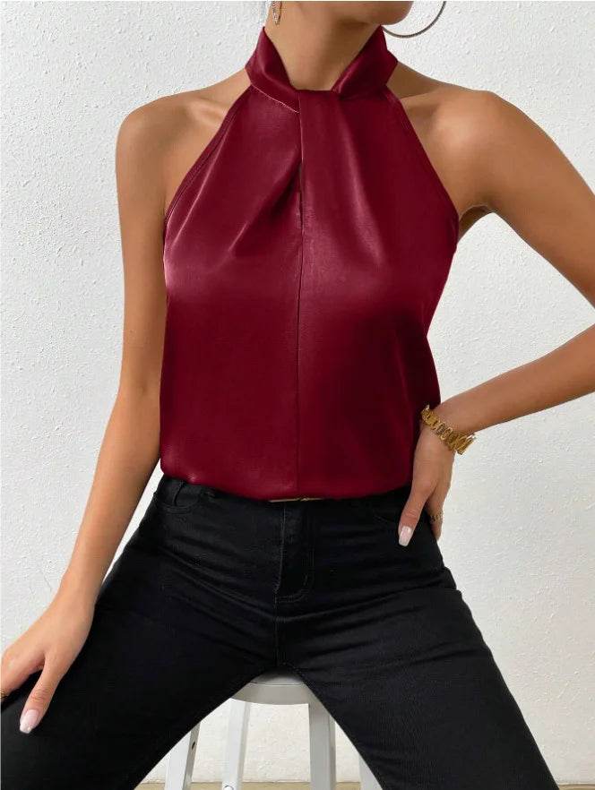 2025 Women's Tanks Top Camis Hanging Neck Strap Design Satin Gloss Loose Sleeveless Blouses Blusas Mujer Moda Black Sexy Shirt - AIAZ