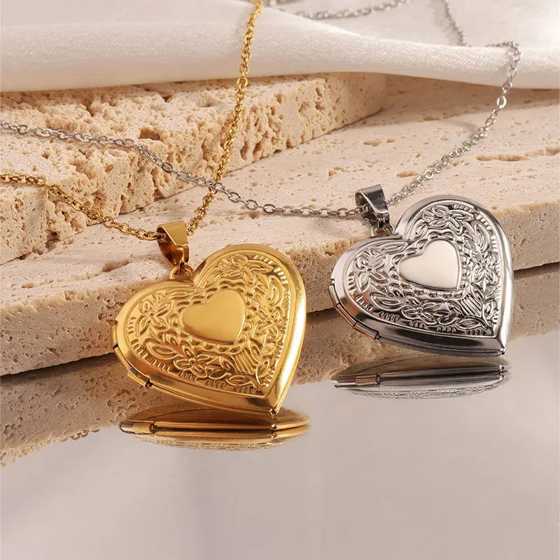 Gold Plated Heart-shaped Pendants Can Openable Frame Love Faith Stainless Steel Embossing Heart Locket Pendant Memorial Necklace