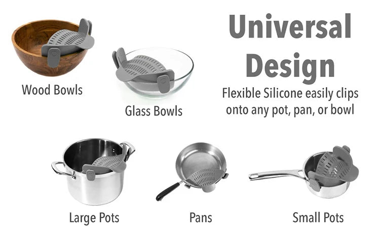 Adjustable Silicone Clip-On Kitchen Strainer for Pots Pans and Bowls Handheld Pasta Strainer Rice Strainer Kitchen Tools