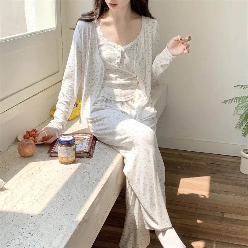 Three-Piece Pajama Set for Women Floral Lace Sweet Cardigan Camisole Homewear Long Sleeves Long Pants Fancy Underwear Ladies - AIAZ