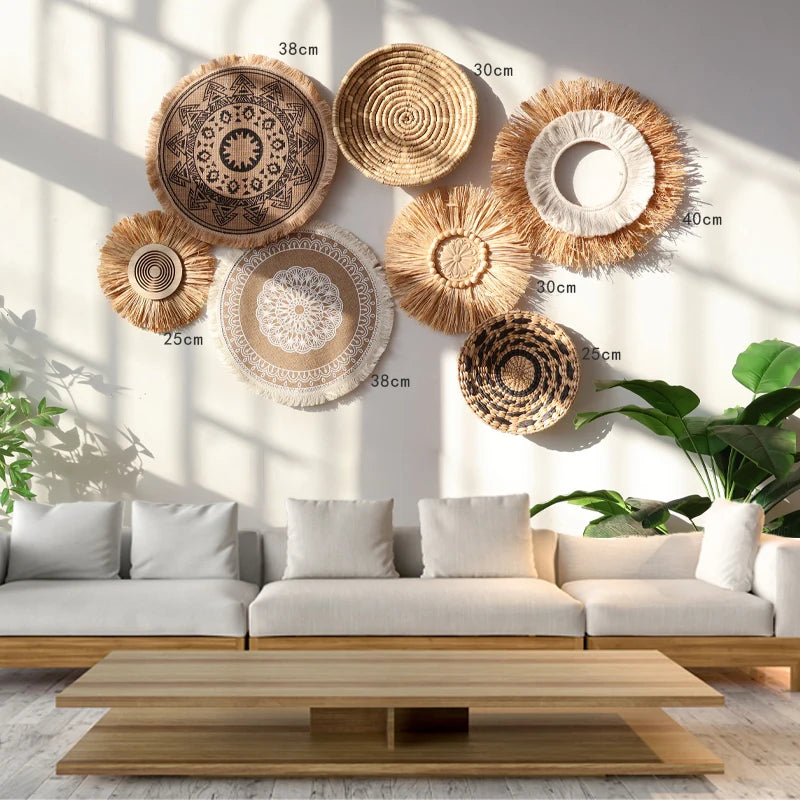 Bohemian Wall Decorations, Woven Grass and Rattan Wall Ornaments, Wall Decorations for Restaurant Background Walls