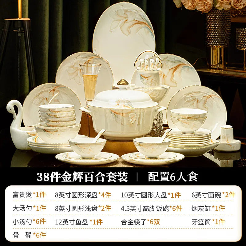 2025 New Jingdezhen High-end Bowl Plate Tableware Set For Housewarming Gift Bone China Bowl, Chopsticks Plate Set Gift Giving