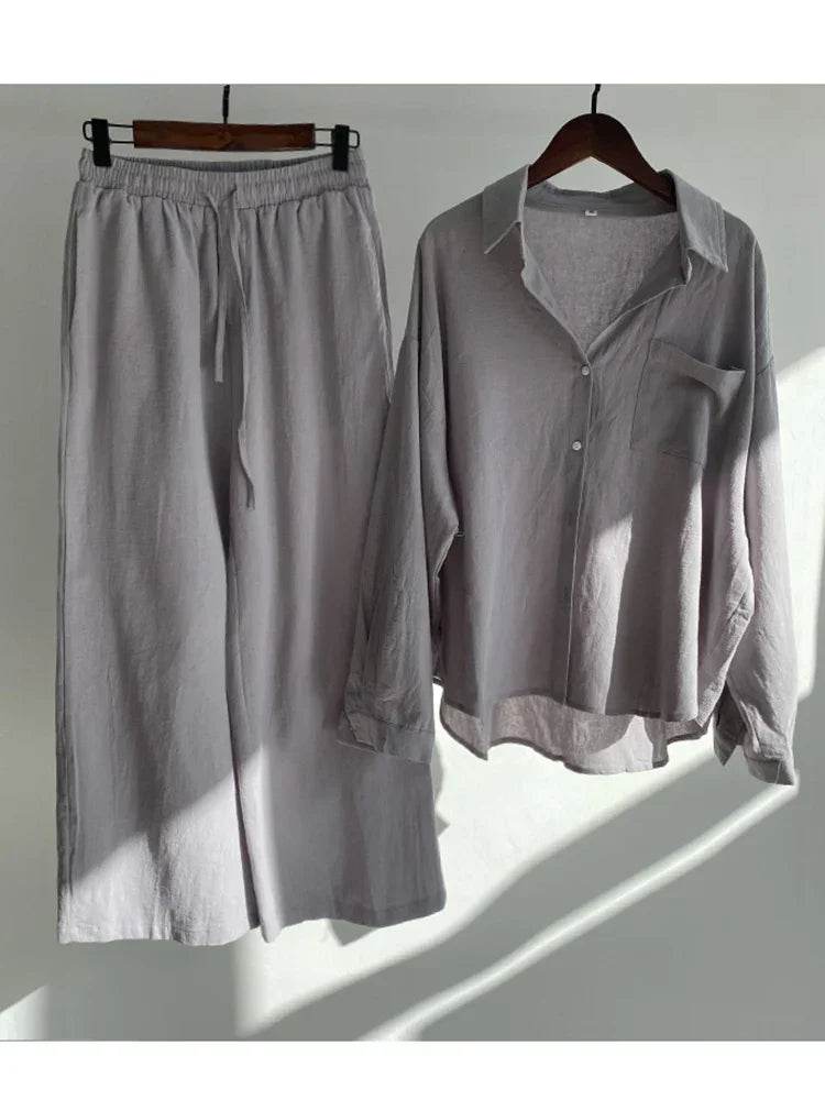 Pants Set Women Shirts Wide Leg Elastic Waist Cotton Linen Casual Sets Elegant Loose Long Sleeve Lapel Spring Shirt Y2k Suit - AIAZ