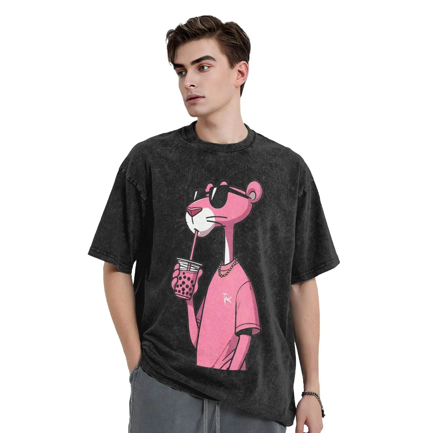 Men's T Shirt Pink-Panthers Drinking Washed T-Shirts Hippie Beach Tee Shirt Y2K Funny Design Casual Clothing Hot Sale - AIAZ