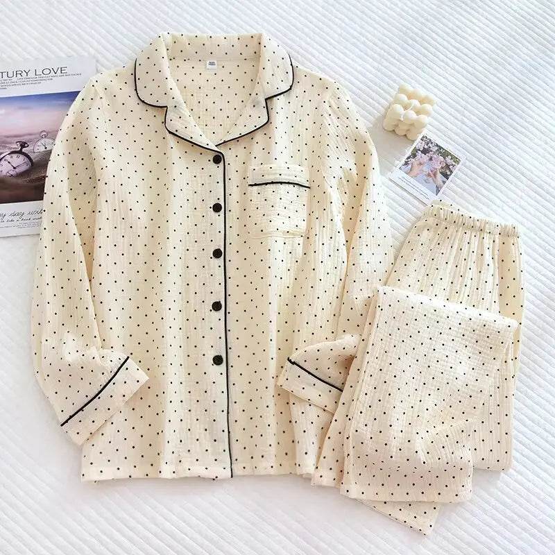 2025 Spring and Autumn New Women's Pajama Set 100%cotton crepe long-sleeved trousers two-piece polka dot cute home wear thin set - AIAZ