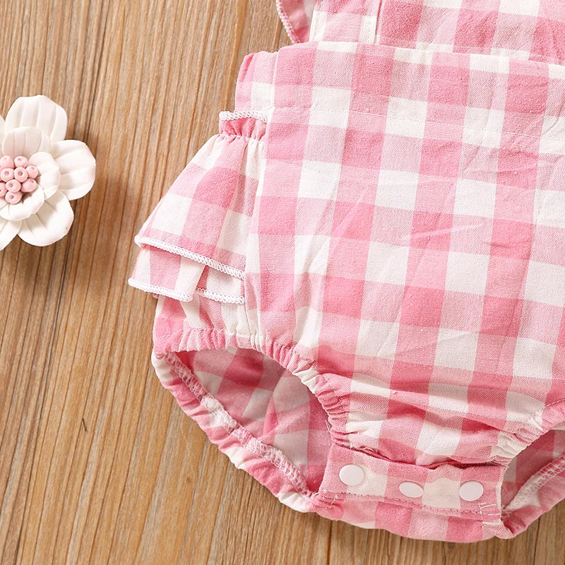 Newborn Baby Girl Bubble Cotton Plaid Flying Sleeve Climbing Suit With Buttocks+Headwear