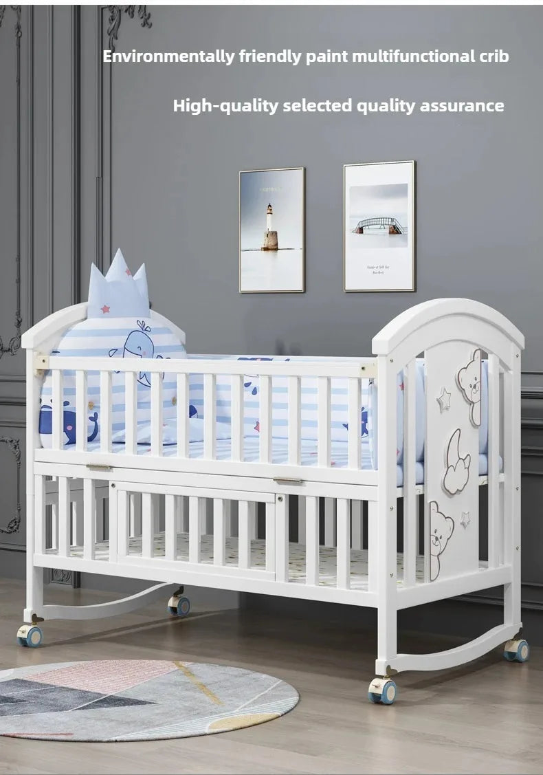 2025New Solid Wood Baby Crib Movable Splicing Bed Multifunctional Baby Rocking Bed Adjustable Guardrail Height with Mosquito Net