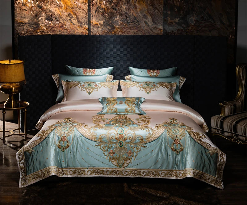 4/6/9Pcs Gorgeous European Palace Style Royal Embroidery Bedding Set Brocade Egyptian Cotton Duvet Cover Bed Sheet Pillowcases