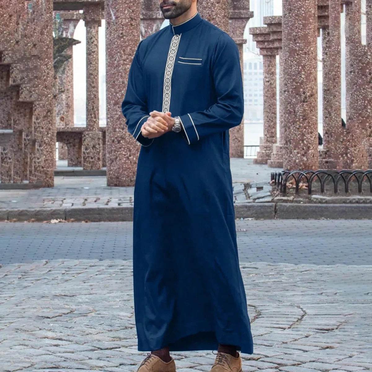 Muslim men's robe long-sleeved ethnic style embroidered stand collar Arabic clothing men's Islamic casual robe - AIAZ