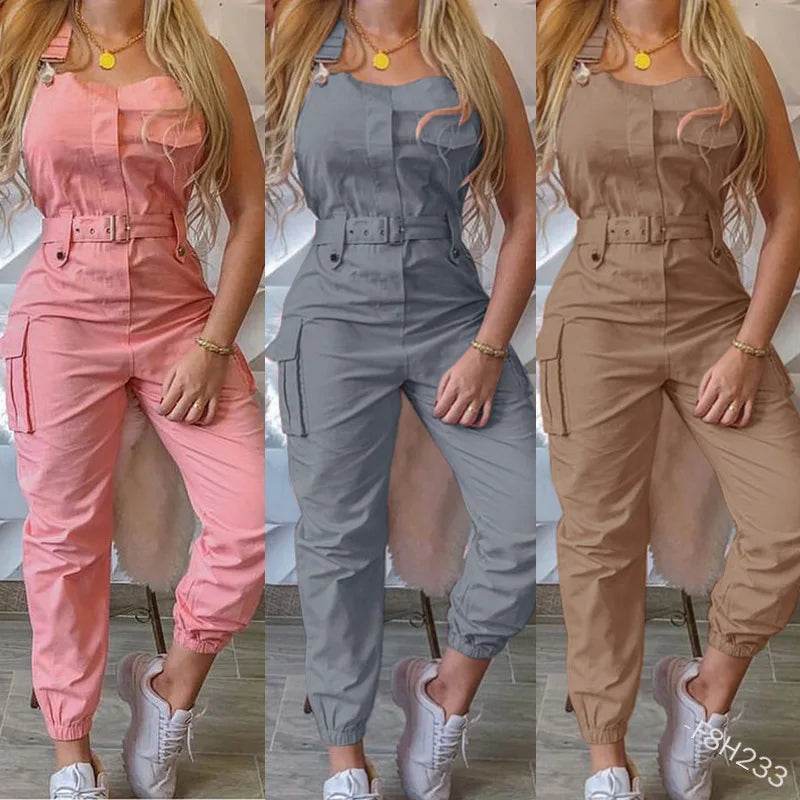 2025 Women's Casual Jumpsuits Cargo Playsuit Sleeveless O Neck Jumpsuit With Pocket and Belt Elegant Pencil Pants Loose Overalls - AIAZ