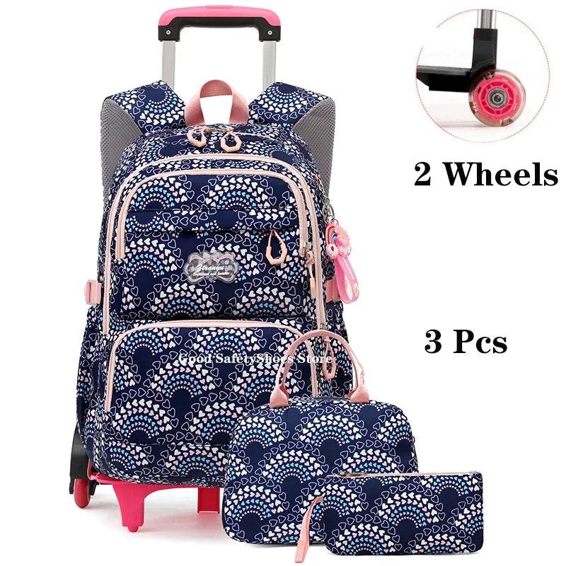 Rolling School Bags for Girls Backpack Children Waterproof School Backpacks with Wheels Middle School Trolley Luggage Back Pack - AIAZ