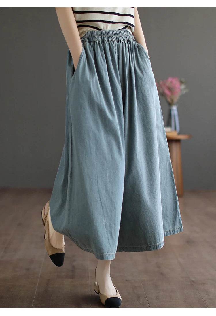 8215 Summer Trendy Wide Leg Jeans Skirts For Women New Design Straight Loose Casual Solid Color Elastic High Waist Denim Pants - AIAZ