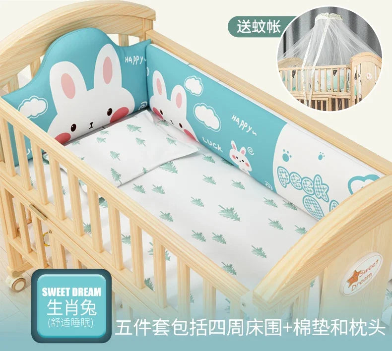 Baby Crib Multifunctional BB Baby Crib Solid Wood Unpainted Cradle Bed Movable Newborn Children Splicing Large Bed