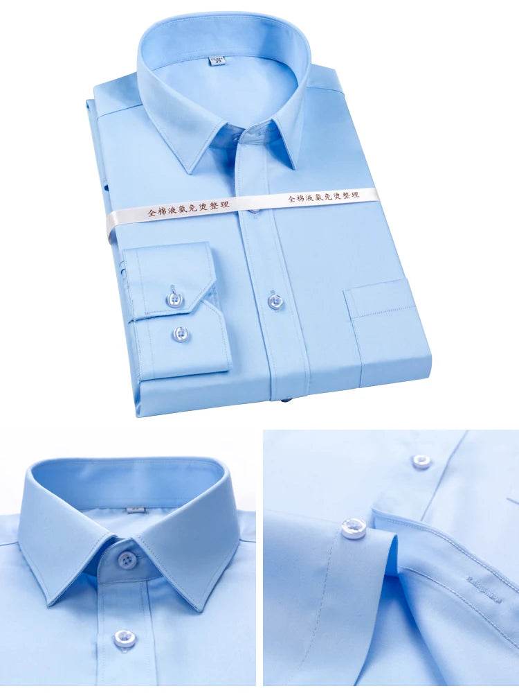 Men's Non Iron Standard-fit Solid Basic Dress Shirt Formal Business Premium 100% Cotton Male Long Sleeve Work Office Shirts - AIAZ