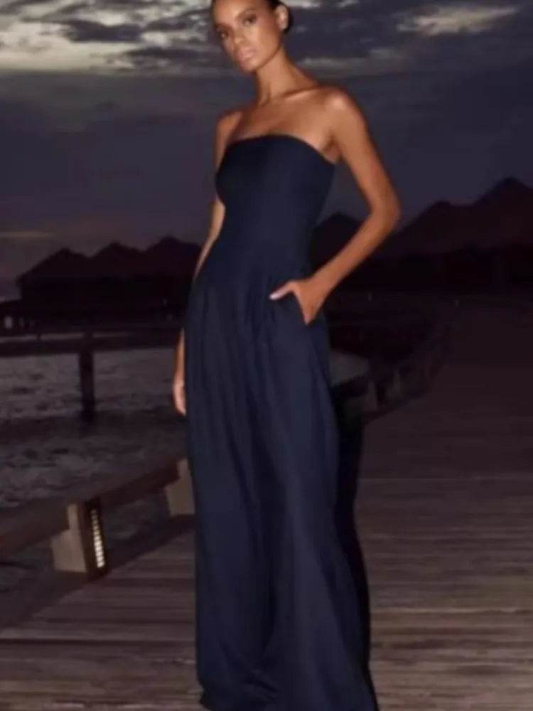 Summer Women Jumpsuit Fashion Strapless Solid Color Sleeveless Bandeau Loose Wide Legs Pants Casua Romper High Streetwear - AIAZ