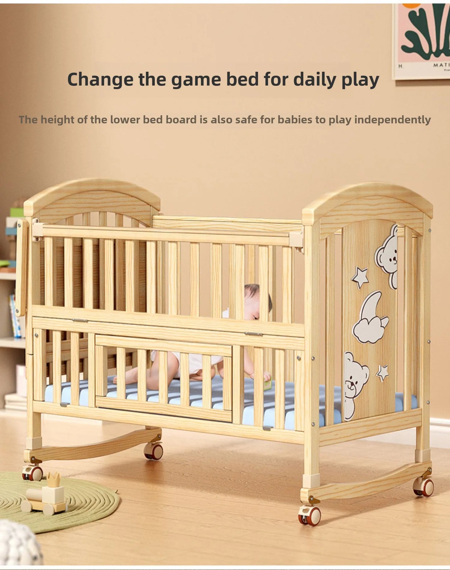 Crib Solid wood newborn baby cradle Multifunctional paint-free movable children's splicing bed air mattress 103 cm long