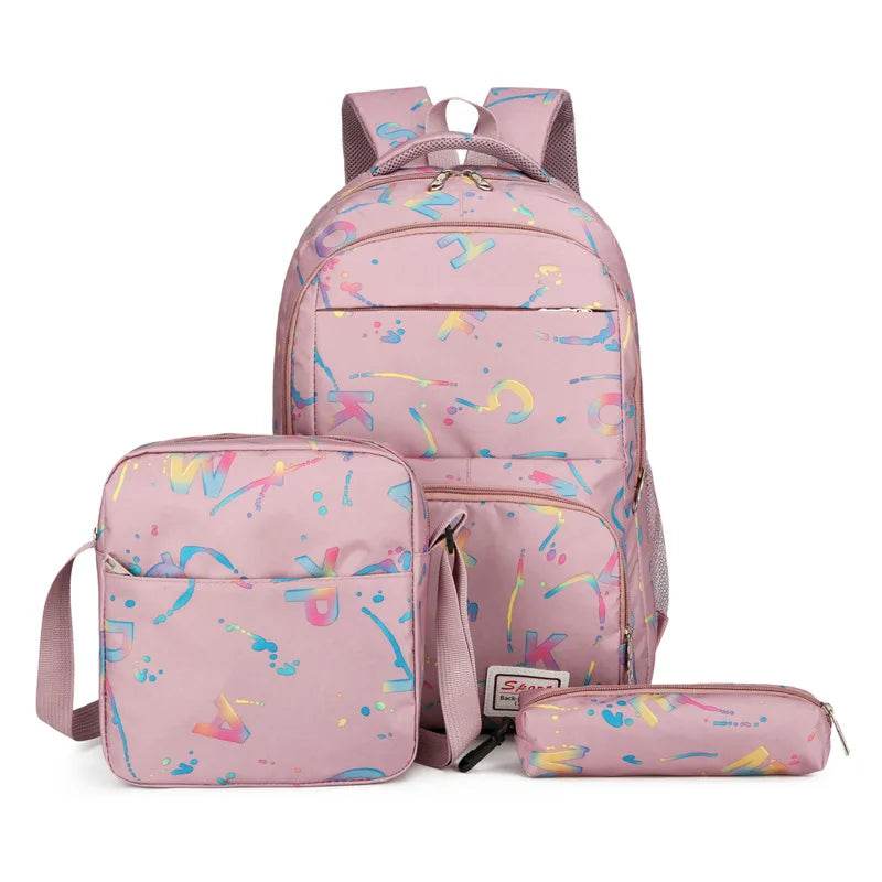 Three piece set of large capacity school backpack versatile letter printed casual backpacks junior high school student schoolbag - AIAZ