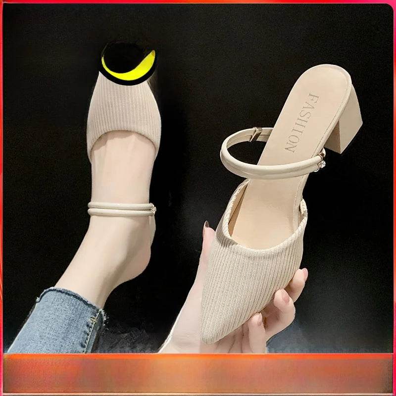 Korean Sle High Heel Sandals Women Summer Outdoor Wear Pointed Toe Double Wear Mules Cover Head f Slip Small Fraance Wind - AIAZ