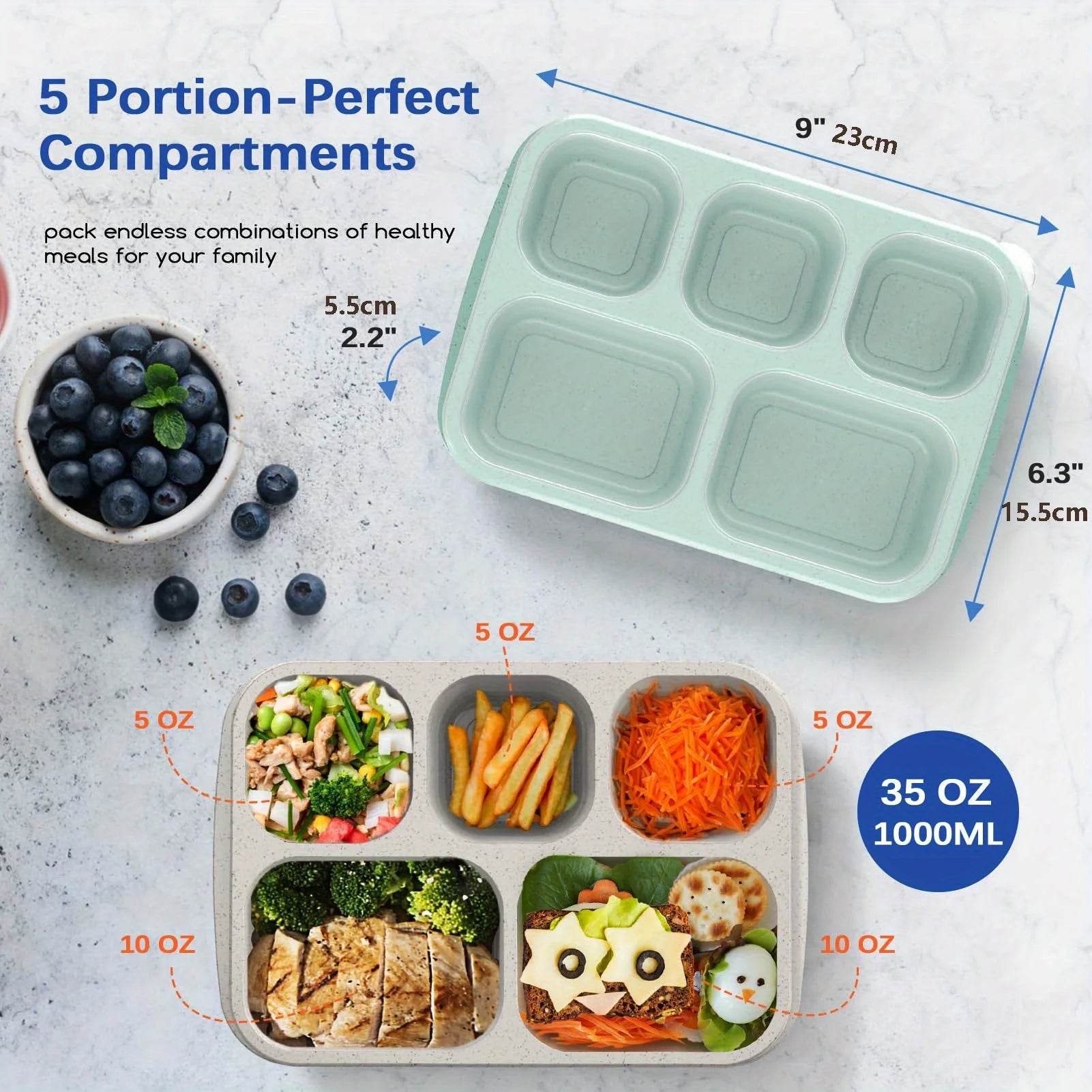 1pc Bento Lunch Box Reusable Lunch Box Kids with 5 Compartments Meal Prep Containers With Transparent Lids for Kids and Adults - AIAZ