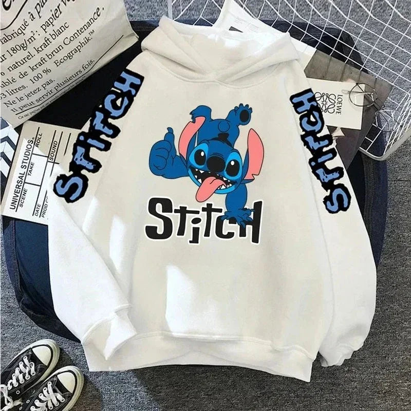 Boys Girls Disney Stitch Angel Cartoon Fun Print Fall and Winter Long Sleeve Top Kids Casual Comfortable Soft Hooded Sweatshirt