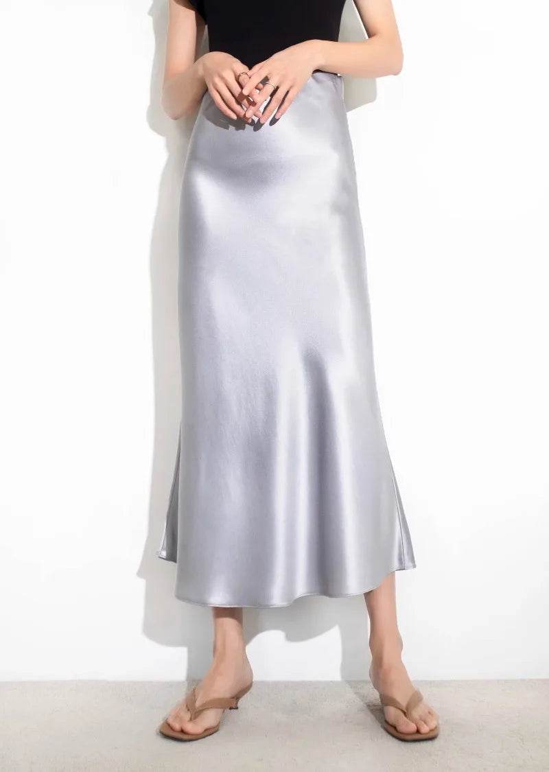 High Waisted Satin Long Skirts for Women Spring/Summer New 2025 Women's Skirt A-line Fashion Elegant Slim Fit Grey Black Skirt - AIAZ