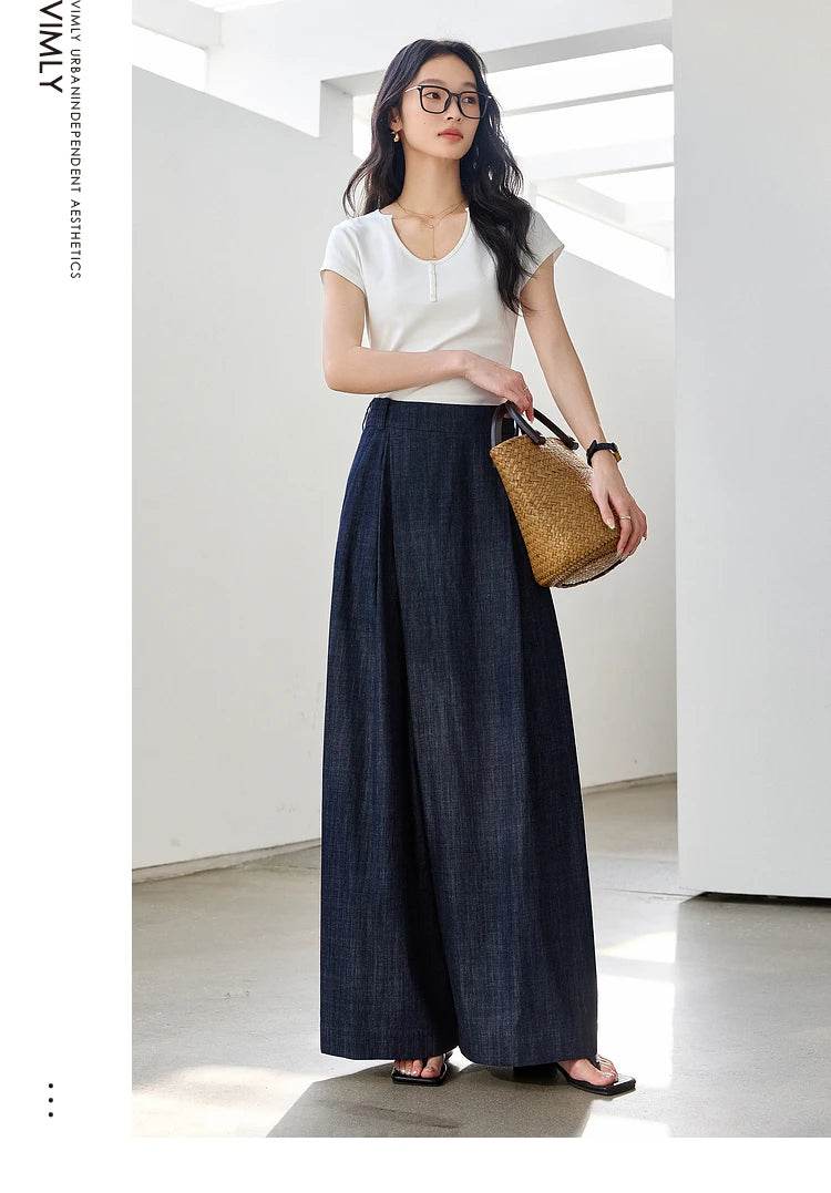 VIMLY Women's Washed Jeans Baggy Skirt Pants Ladies 2025 Spring Summer Casual High Waist Vintage Denim Pants Woman Clothes M9809 - AIAZ