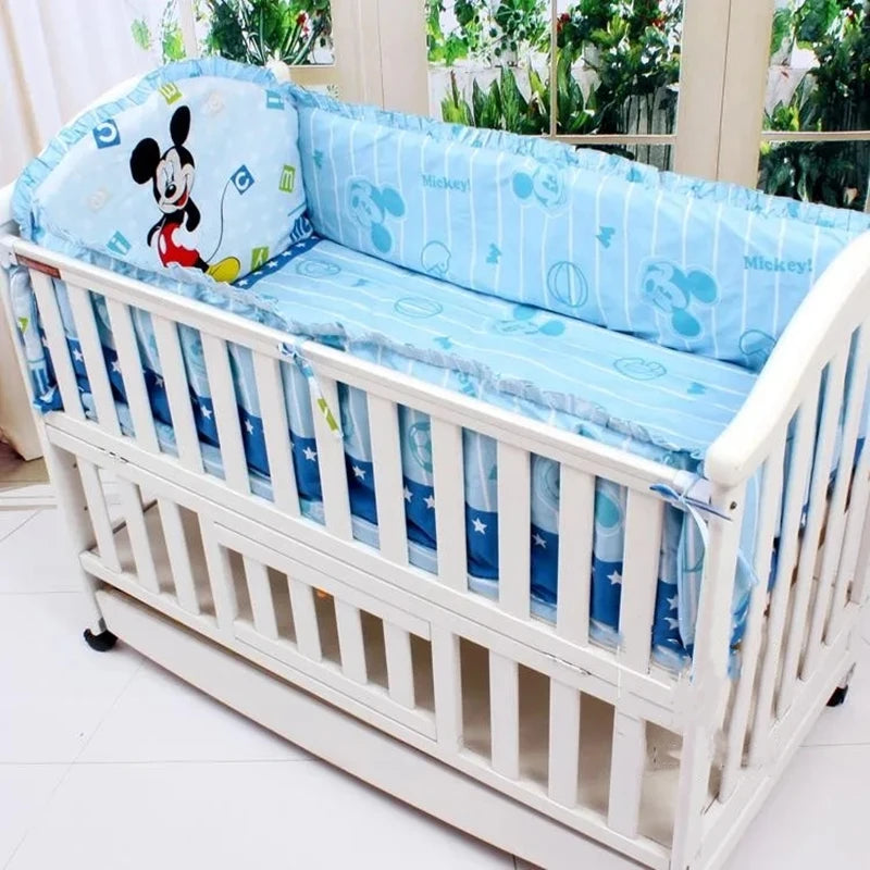 6Pcs Mickey Mouse Crib Set for Baby Girl Cunas para Bebes Crib Bedding Set Standard Size (4bumper+sheet+pillowcase)