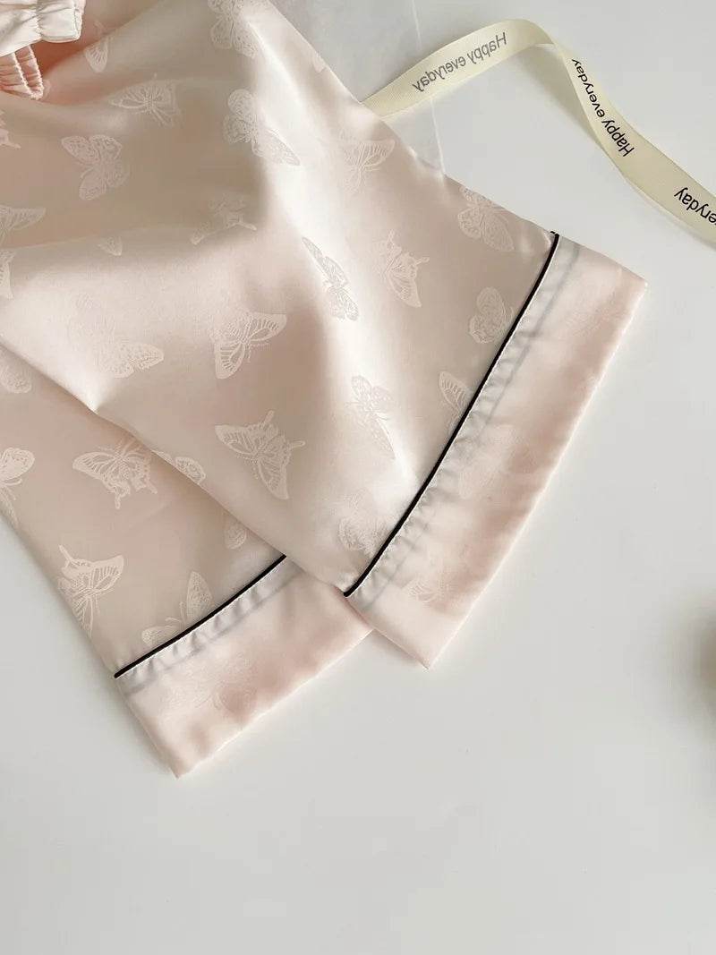Summer Short Sleeve Pajamas Set Trouser Suits Women Sleepwear Elegant Pink Jacquard Butterfly Pyjama Pour Femme Satin Homewear - AIAZ