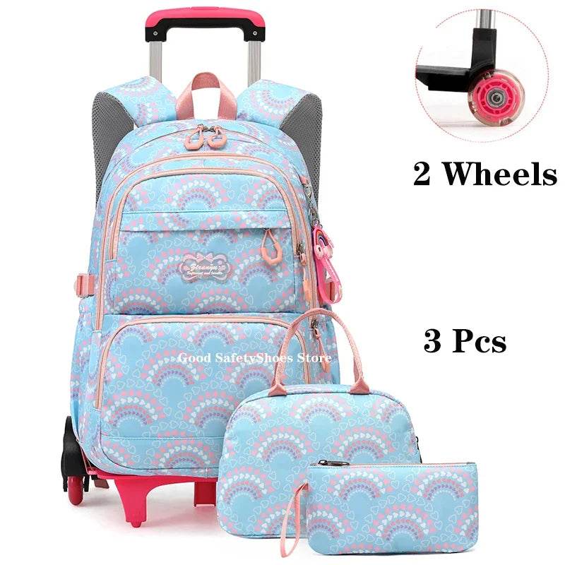 Rolling School Bags for Girls Backpack Children Waterproof School Backpacks with Wheels Middle School Trolley Luggage Back Pack - AIAZ