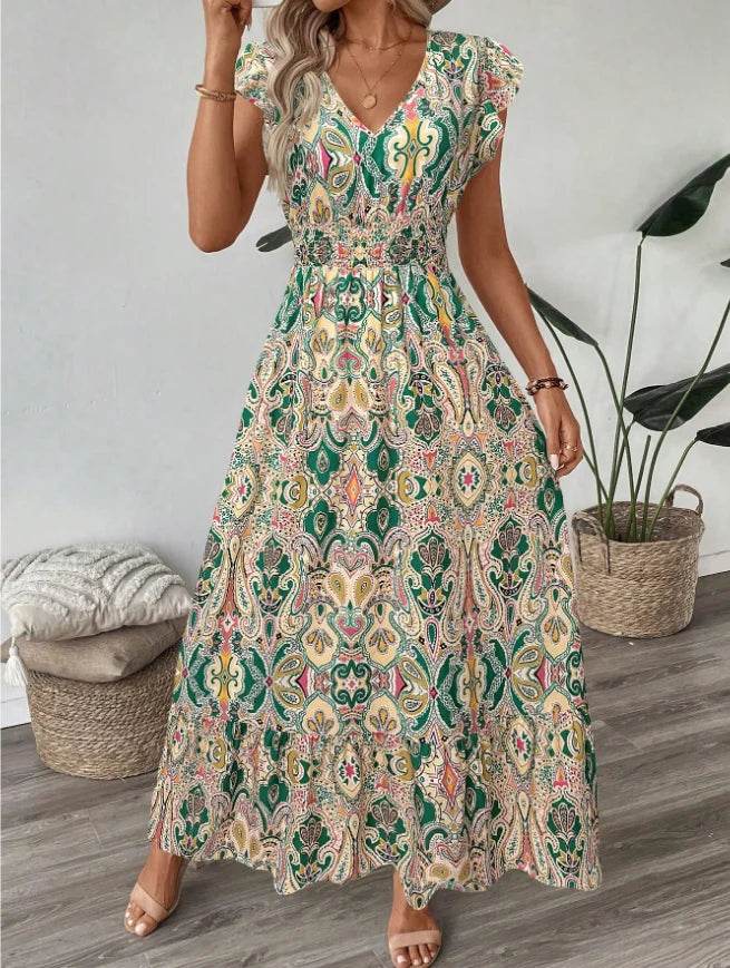 new dresses 2025 woman vestidos para mujer vintage dress Printed V-neck fashion dress Loose ruffle long dresses - AIAZ