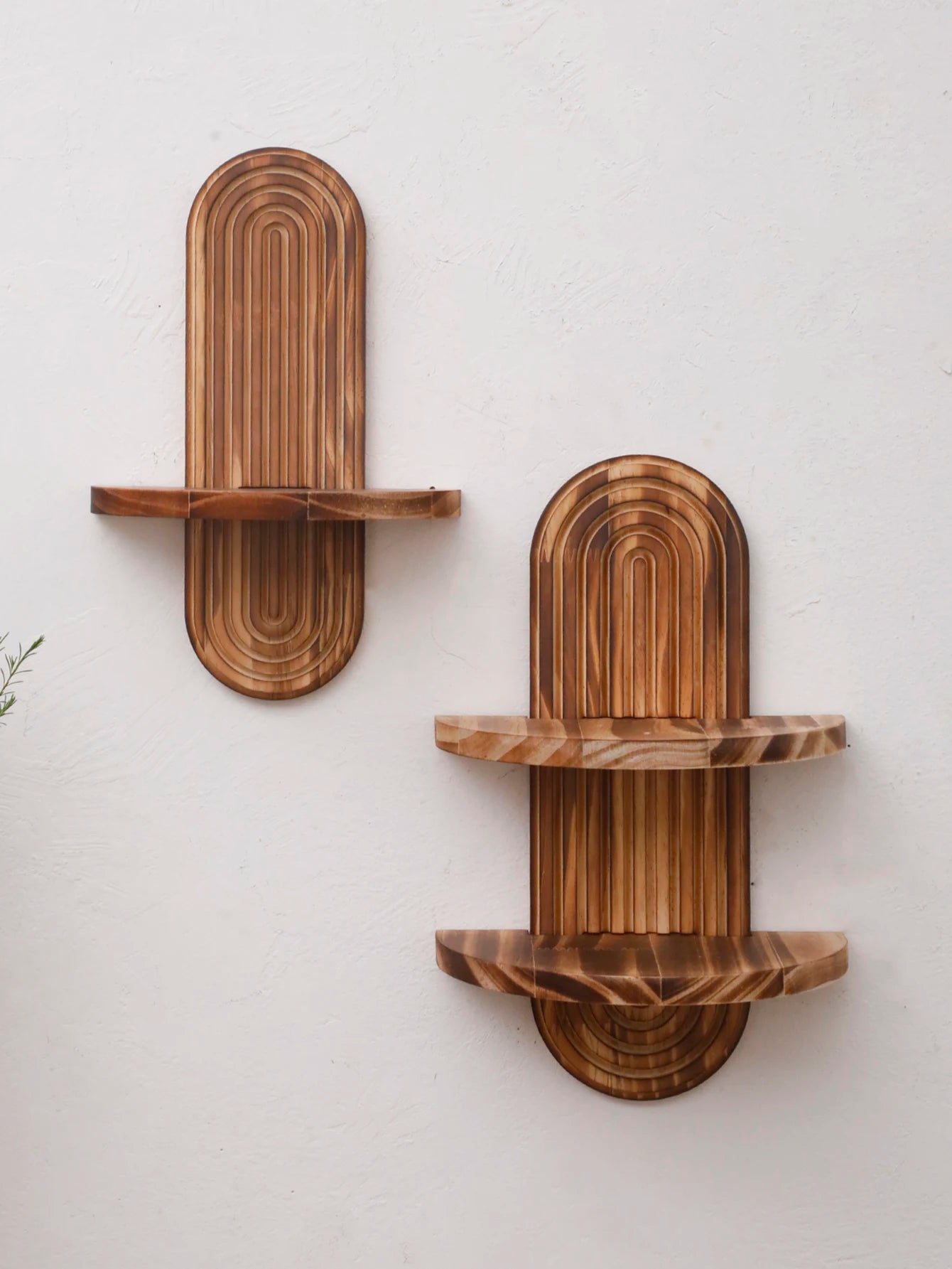 1/2-Tier Rustic Boho Wooden Wall Shelves - Charcoal Geometric Oval Wall-Mounted Shelves, Plants Display Stand, Home Decor Shelf