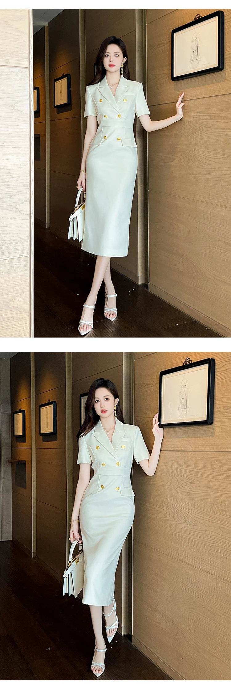 Fashion Elegant Business Dresses Women Clothes Sweet OL Professional Double Breasted Midi Robe Meeting Work Style Party Vestidos - AIAZ