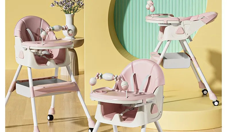 Portable Kids Dining Chair,Reinforced Steel Frame Non-Slip Base,Foldable with Wheels Adjustable Tray,Multi-Use Highchair
