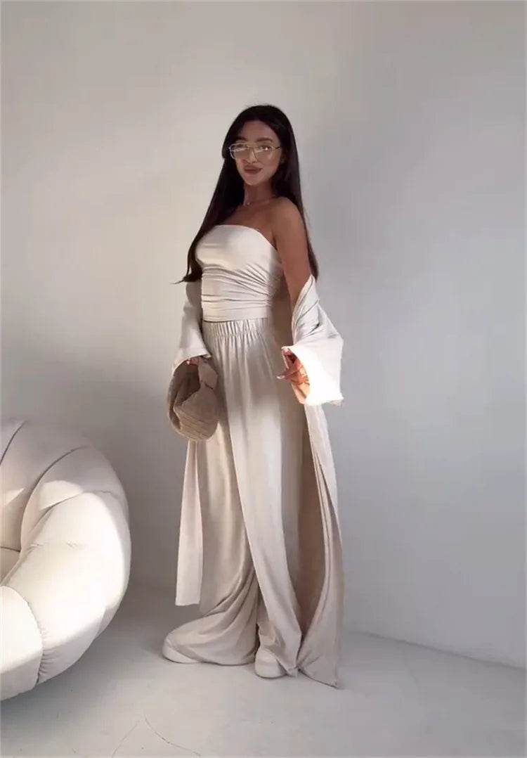 Pants Sets Women Solid Color Loose Long Cardigan Coat Tube Top High Waist Wide Leg Trousers Three Piece Set Casual Lady Suits - AIAZ