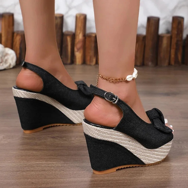 Fashion Bowknot Wedge Heel Sandals for Women Denim Peep Toe Chunky Platform Sandalias Mujer Back Strap High Heel Gladiator Shoes