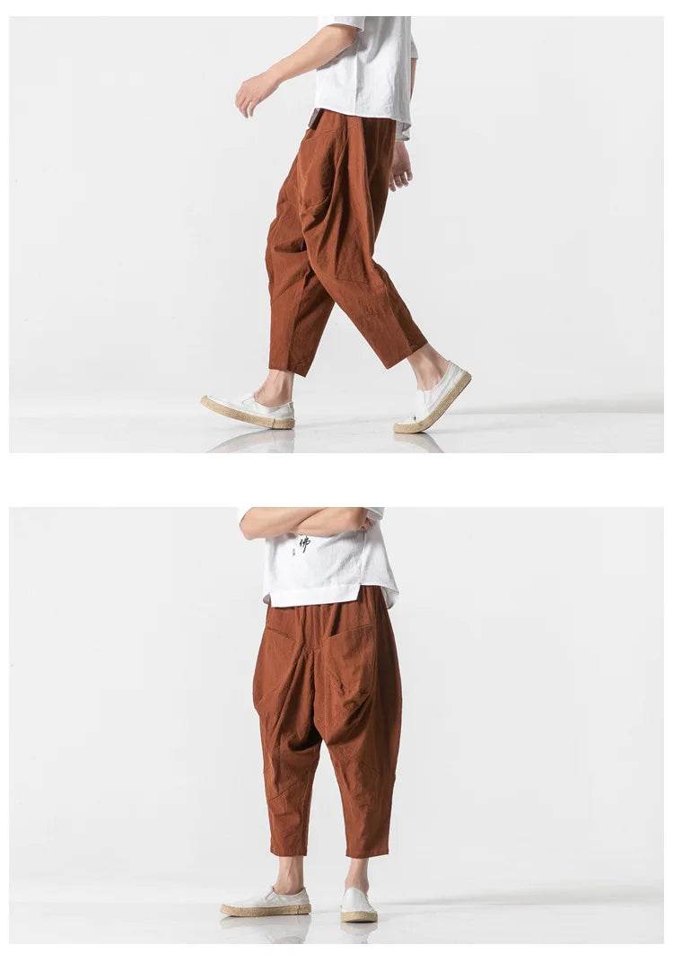 2025 Men Linen Pants Mens Wide Crotch Harem Pants Man Chinese Style Ankle-Length Pants Male Wide-Legged Bloomers Trousers - AIAZ
