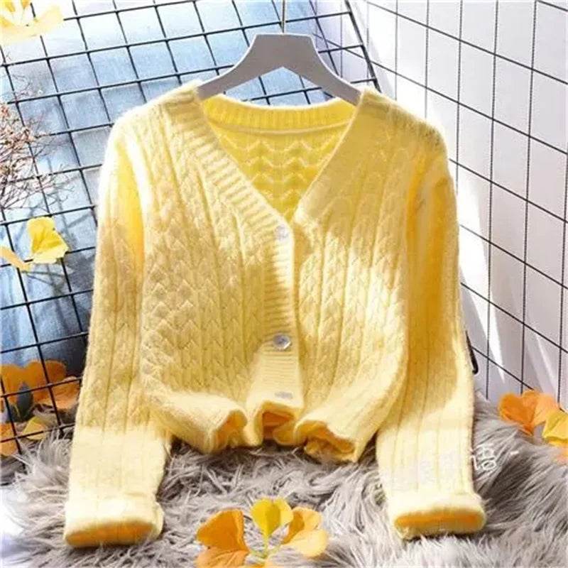 Women Cardigans Autumn Winter 2024 Single Breasted V-neck Knitted Sweater Spring Fashion Short Knitwear Solid Cardigan Jumpers - AIAZ
