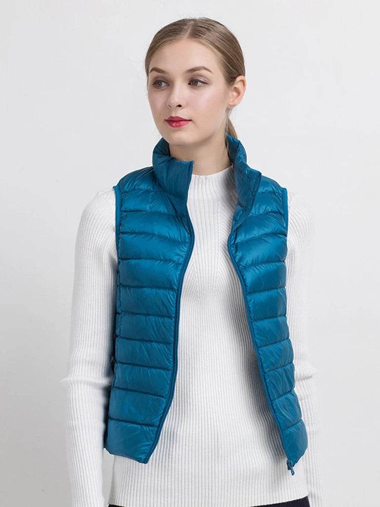 0-10℃ Women Vests Autumn Winter Ultra Light Duck Down Vest Female Slim Sleeveless Jacket Windproof Warm Puffer Waistcoat 4XL - AIAZ