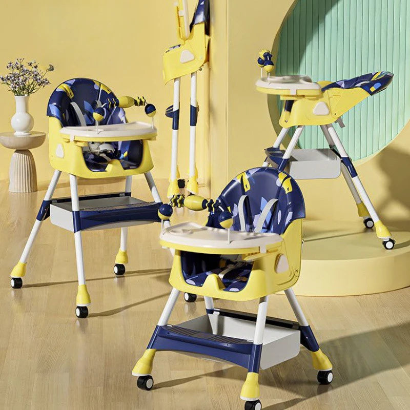 Portable Kids Dining Chair,Reinforced Steel Frame Non-Slip Base,Foldable with Wheels Adjustable Tray,Multi-Use Highchair